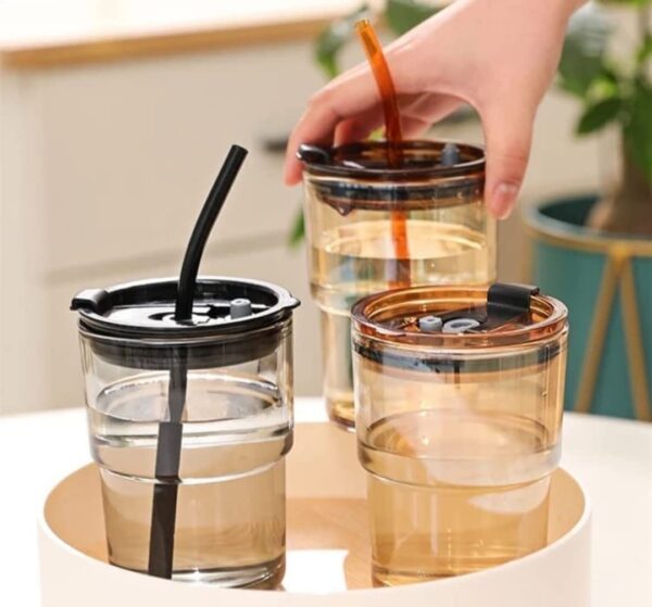 Hannoverindia Glass Sipper Tumbler Lid And Straw Coffee Tumbler Tea Coffee Mugs With Leather Sleeve - Image 2