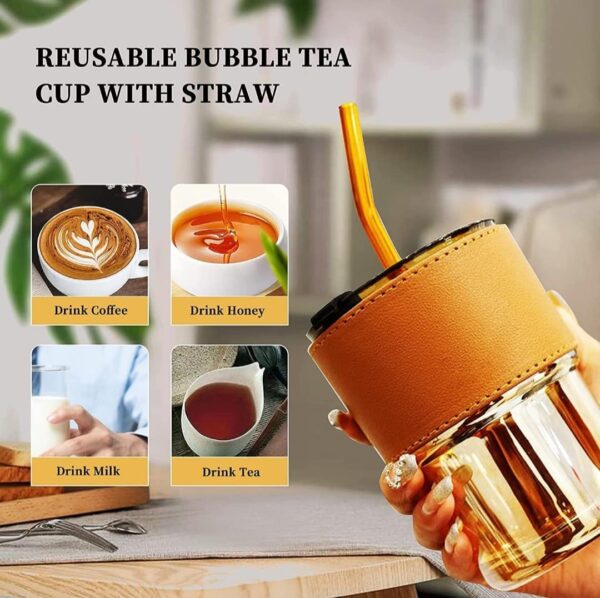 Hannoverindia Glass Sipper Tumbler Lid And Straw Coffee Tumbler Tea Coffee Mugs With Leather Sleeve - Image 7