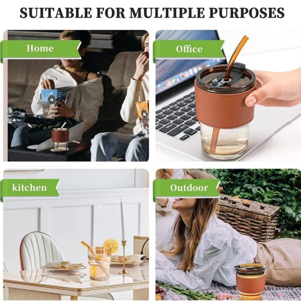 Hannoverindia Glass Sipper Tumbler Lid And Straw Coffee Tumbler Tea Coffee Mugs With Leather Sleeve - Image 8