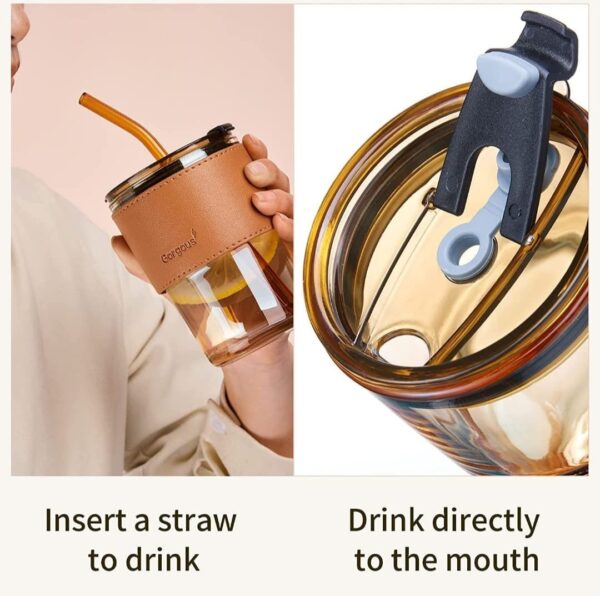 Hannoverindia Glass Sipper Tumbler Lid And Straw Coffee Tumbler Tea Coffee Mugs With Leather Sleeve - Image 5