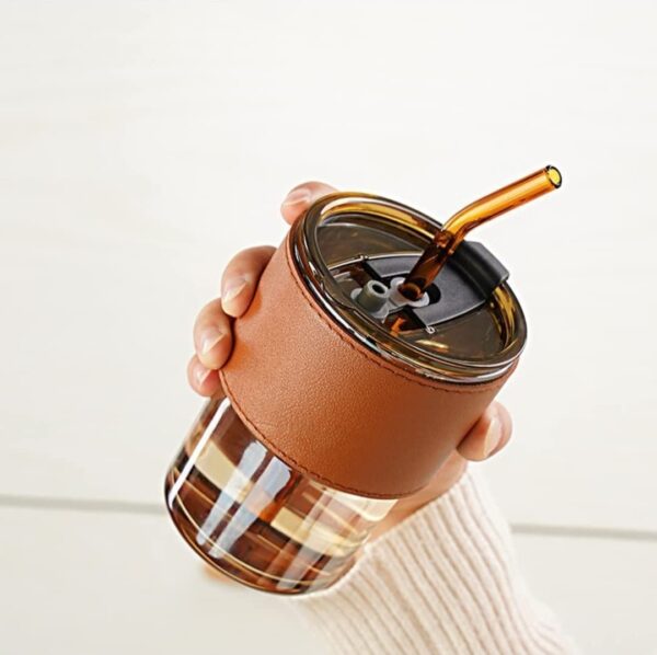 Hannoverindia Glass Sipper Tumbler Lid And Straw Coffee Tumbler Tea Coffee Mugs With Leather Sleeve - Image 4